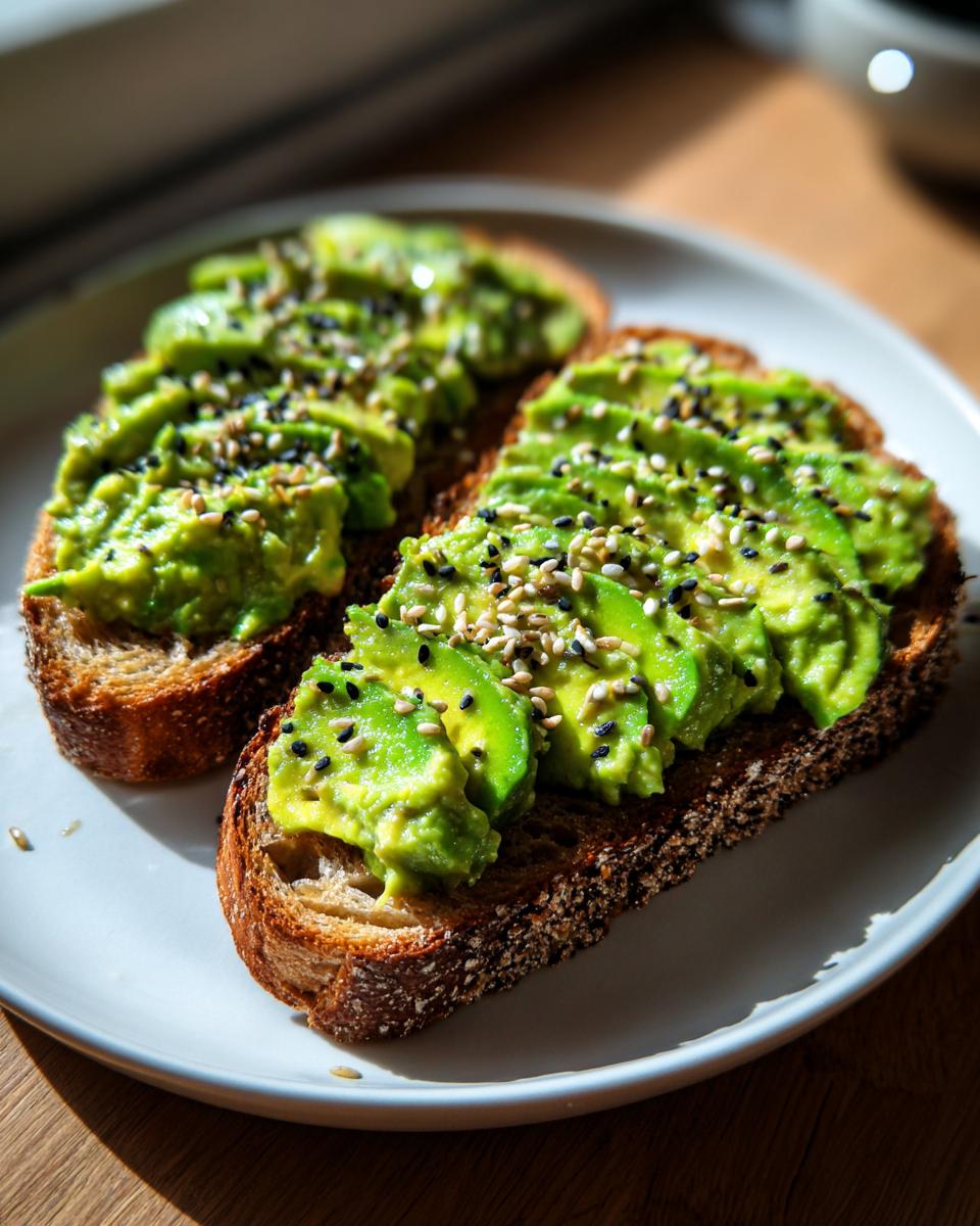 Two slices of dark whole-grain bread topped with perfectly sliced avocado and sprinkled with black and white sesame seeds for delicious avocado toast.