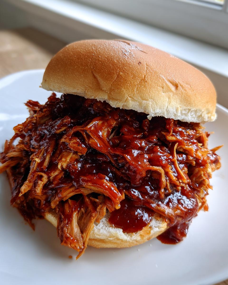 A close-up of a juicy Slow Cooker Pulled Pork sandwich piled high with saucy meat on a soft bun.