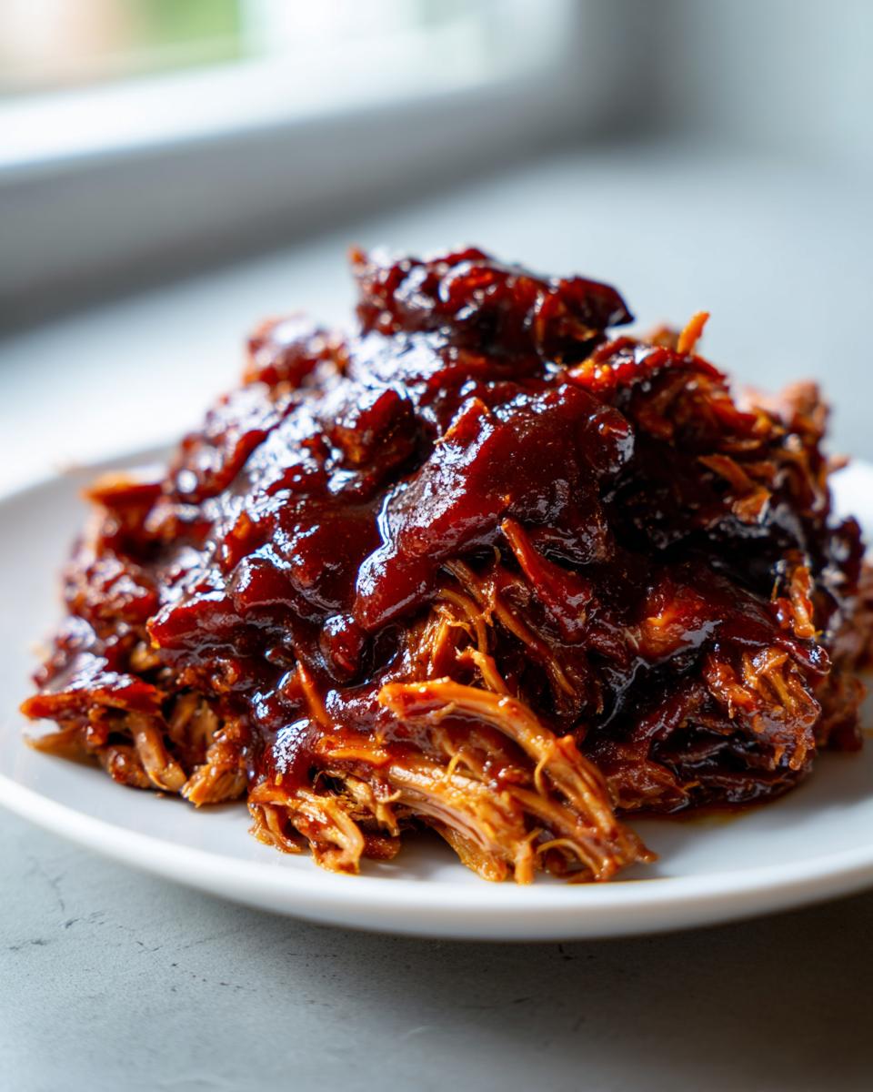 A close-up of tender, shredded Slow Cooker Pulled Pork generously coated in rich barbecue sauce on a white plate.