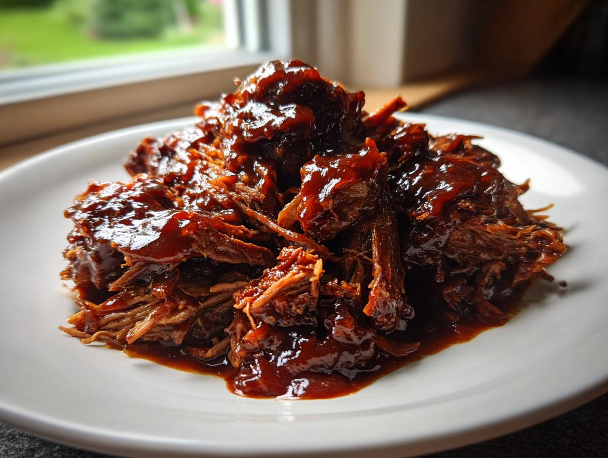 A close-up of tender, shredded Slow Cooker Pulled Pork generously coated in dark, glossy barbecue sauce on a white plate.