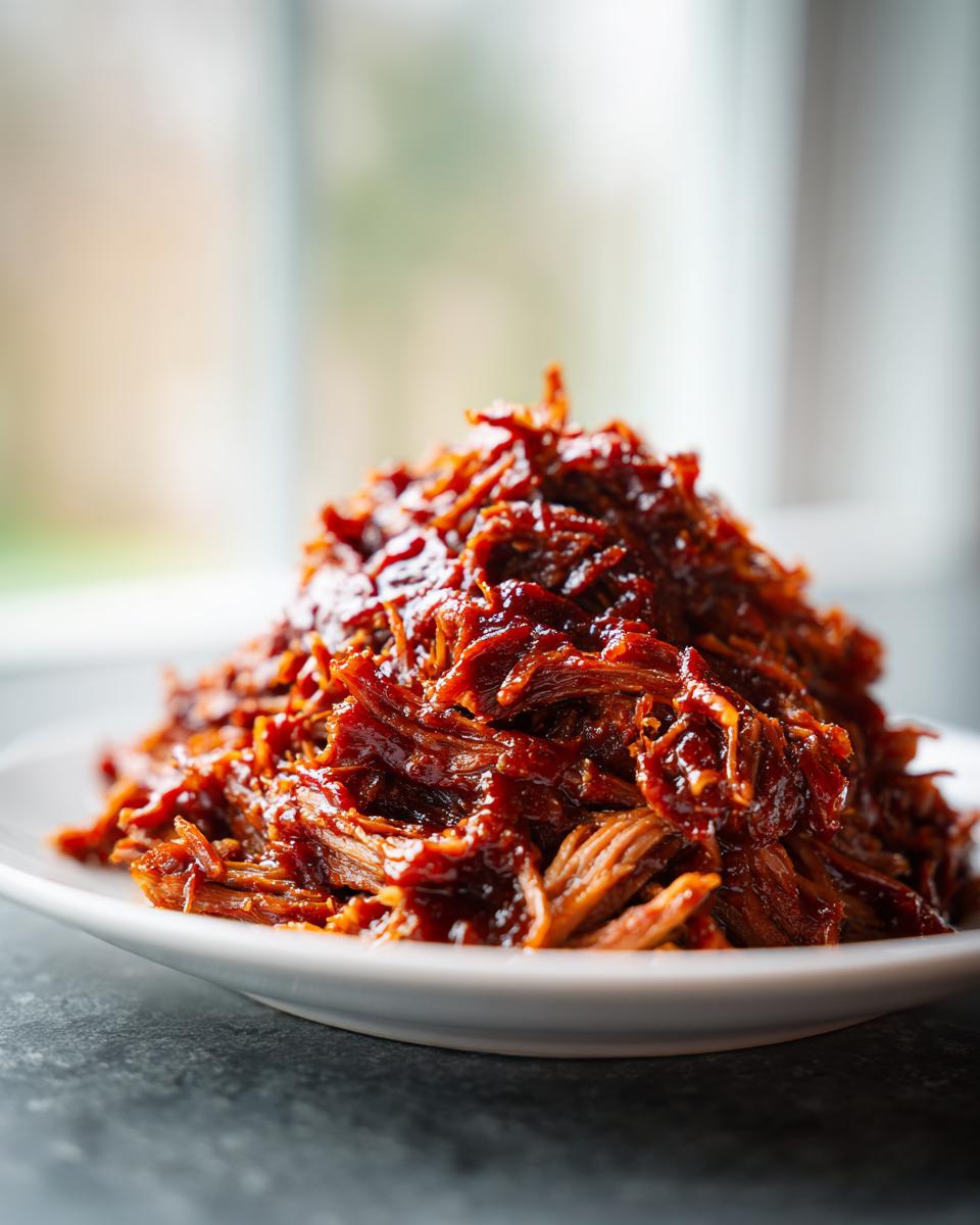 A close-up of a mound of tender, shredded Slow Cooker Pulled Pork coated in rich barbecue sauce on a white plate.