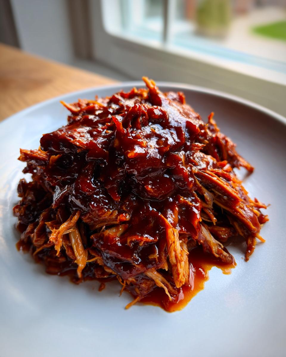 A close-up of saucy, shredded Slow Cooker Pulled Pork piled high on a white plate near a window.