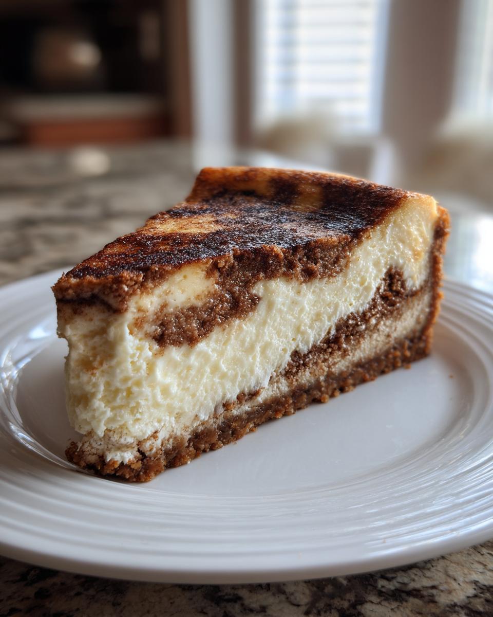 A thick slice of snickerdoodle cheesecake featuring a creamy white layer swirled with cinnamon brown filling, served on a white plate.