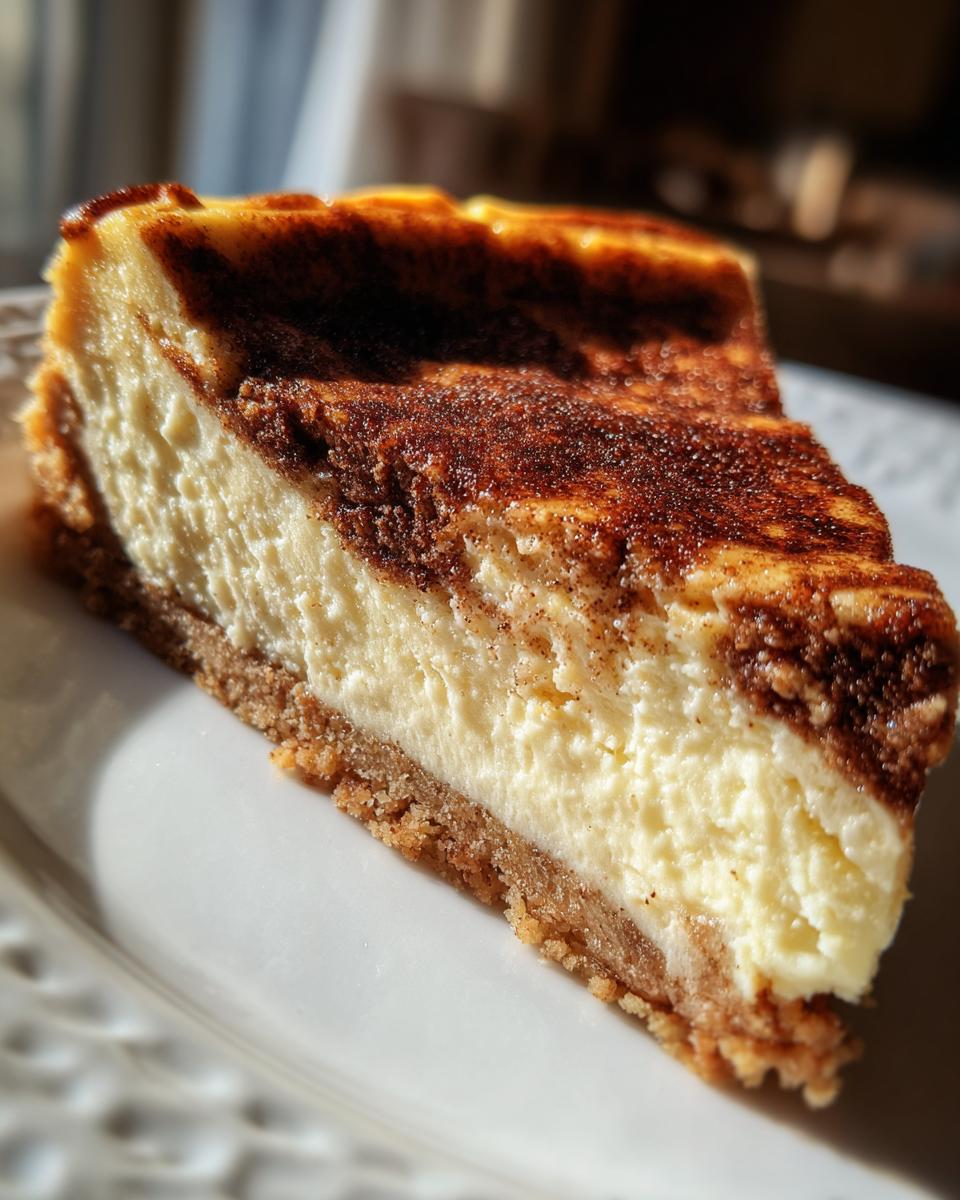 Close-up of a perfect slice of snickerdoodle cheesecake showing a thick graham cracker crust and cinnamon topping.