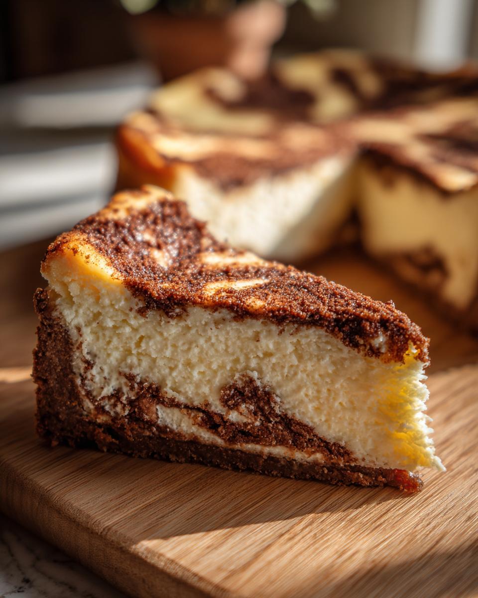A close-up slice of amazing snickerdoodle cheesecake with a cinnamon-sugar topping and swirl, resting on a wooden board.