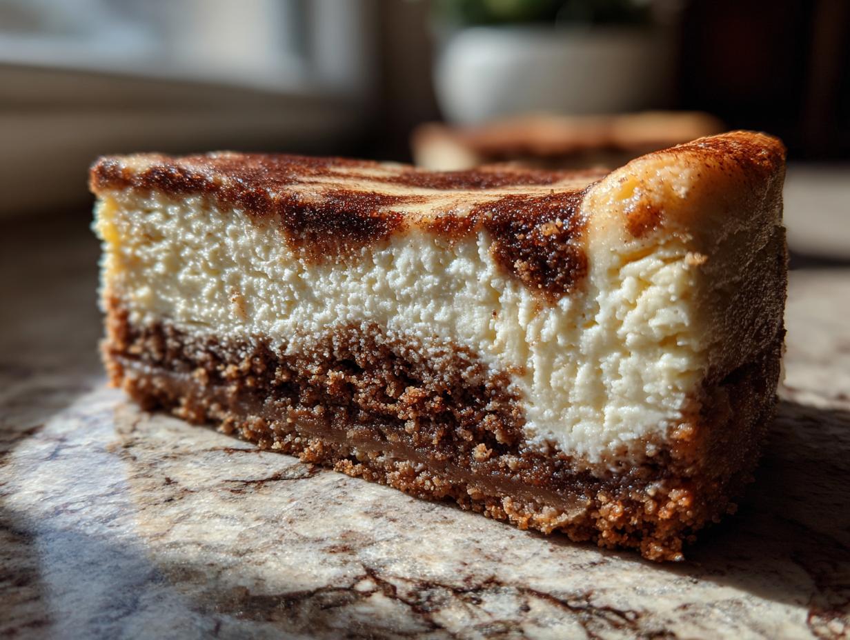 Close-up of a thick slice of snickerdoodle cheesecake showing the creamy white filling and cinnamon swirl topping.