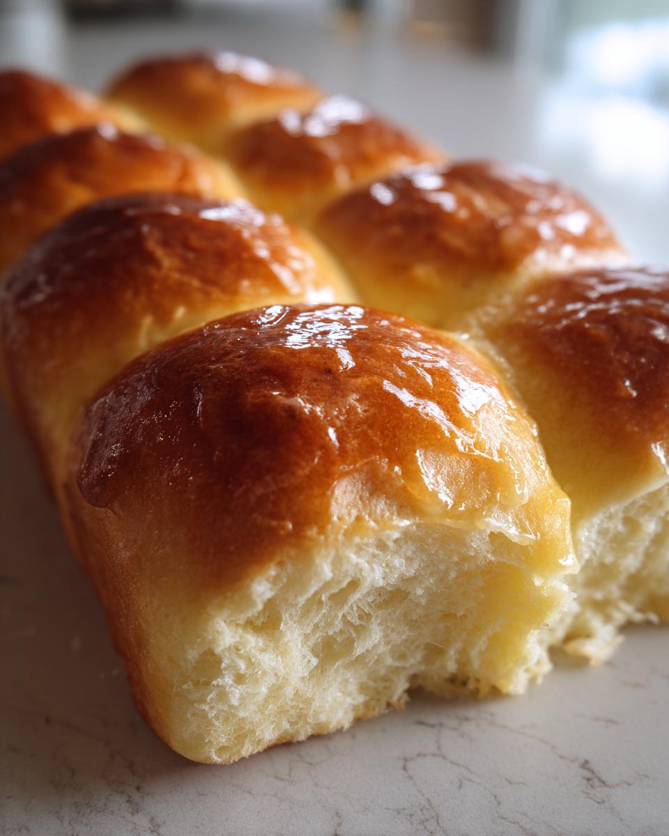 A row of freshly baked, glossy Homemade dinner rolls with a soft, pull-apart interior visible on one end.
