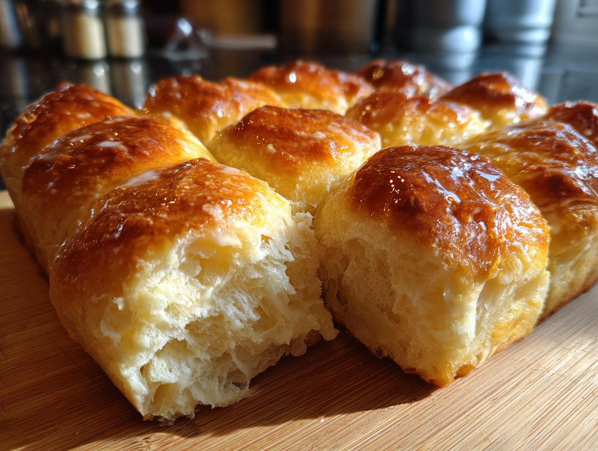 A close-up of freshly baked, soft homemade dinner rolls with a shiny, buttery glaze.