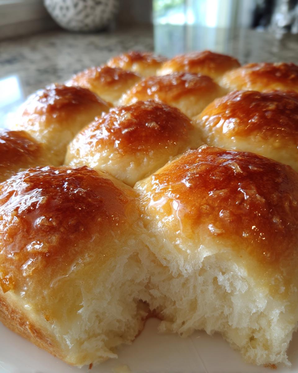 A close-up showing the fluffy interior and shiny, golden glaze on homemade dinner rolls.