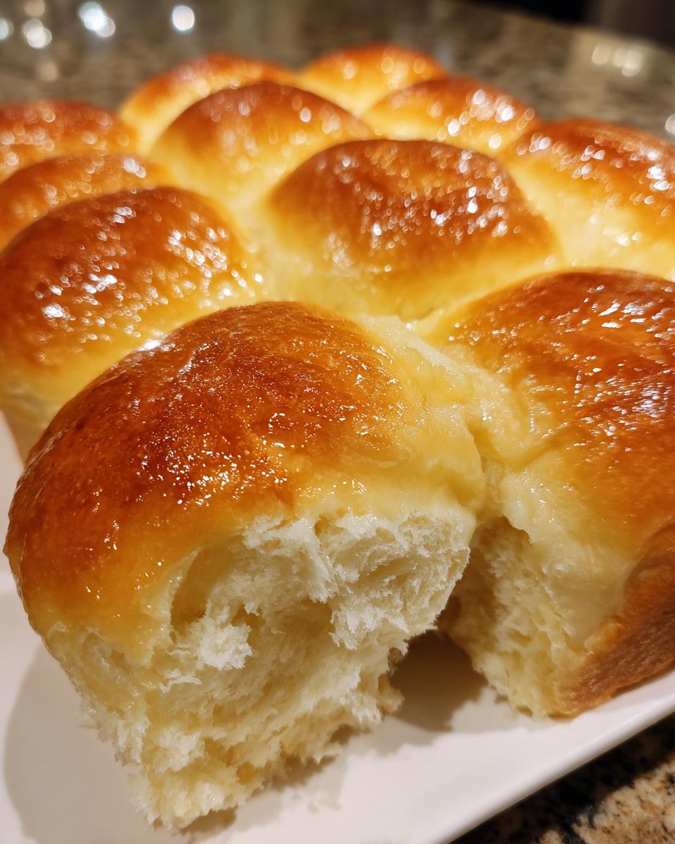 A close-up showing the fluffy interior of one of the soft homemade dinner rolls, pulled apart, with a shiny glaze on top.