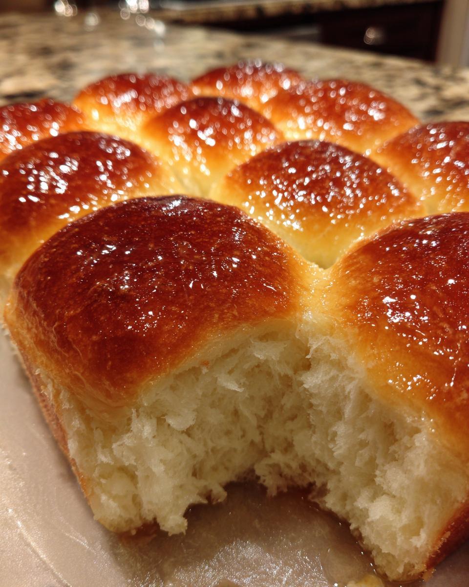 Close-up showing the fluffy interior of one of the soft homemade dinner rolls, with a shiny, golden-brown glazed top.