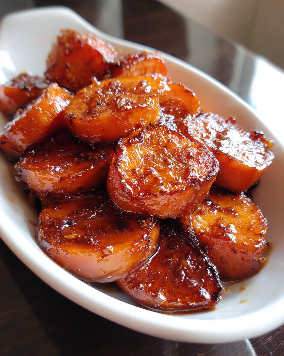 Close-up of sweet, glossy slices of southern candied yams coated in a rich, dark brown glaze.