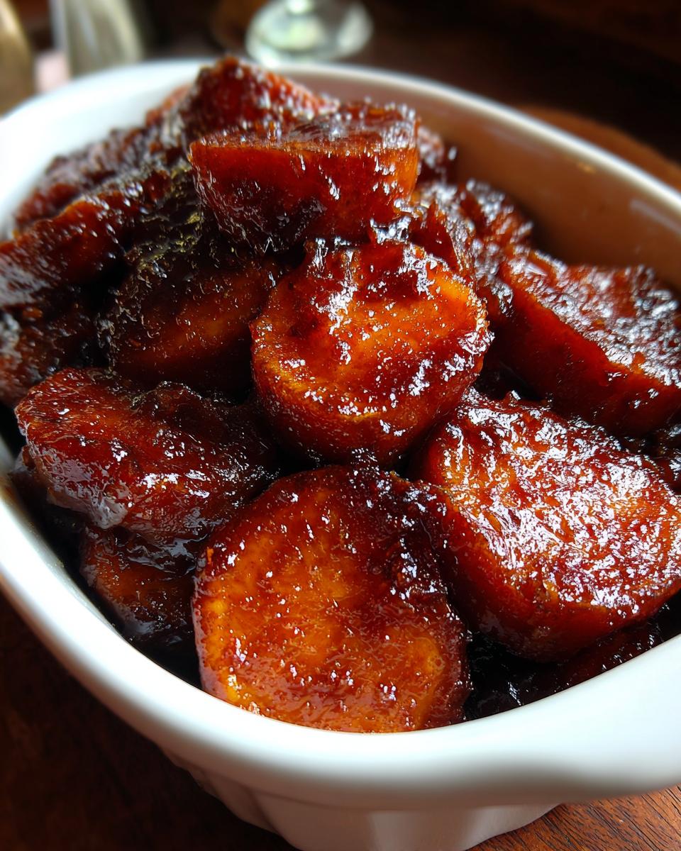 Close-up of rich, dark, and glossy southern candied yams served in a white ceramic bowl.