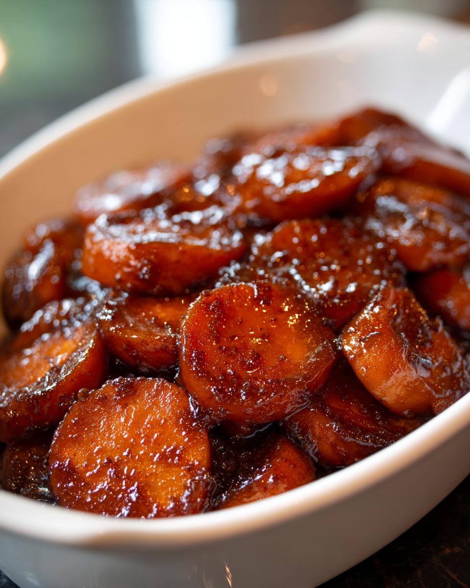 Close-up of thick-cut, glossy southern candied yams swimming in a rich, dark brown glaze inside a white serving dish.