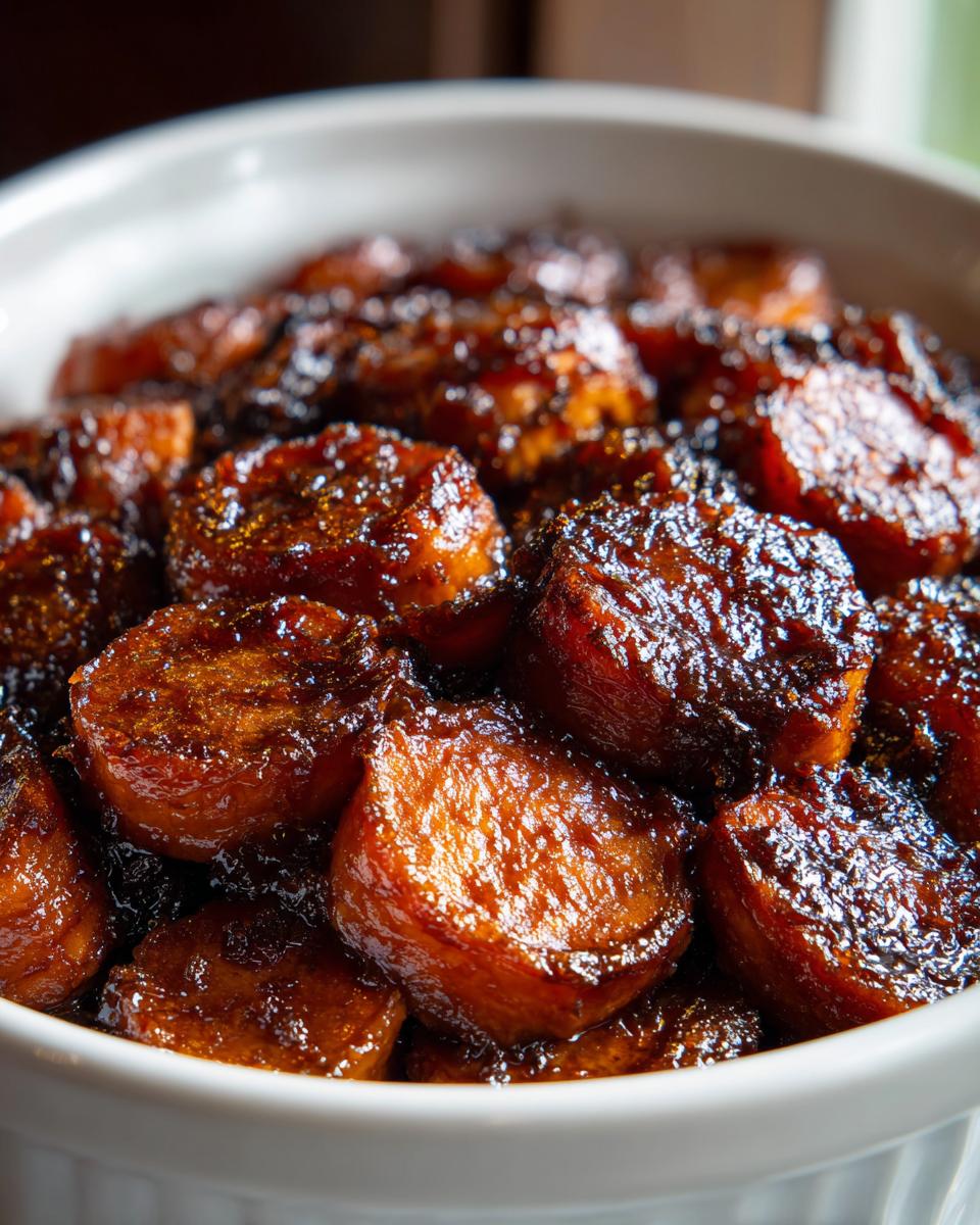 Close-up of thick-cut, glazed southern candied yams glistening in a rich, dark syrup inside a white serving dish.