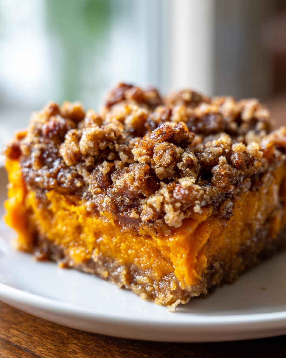Close-up of a square serving of southern sweet potato casserole topped with a brown sugar pecan crumble.