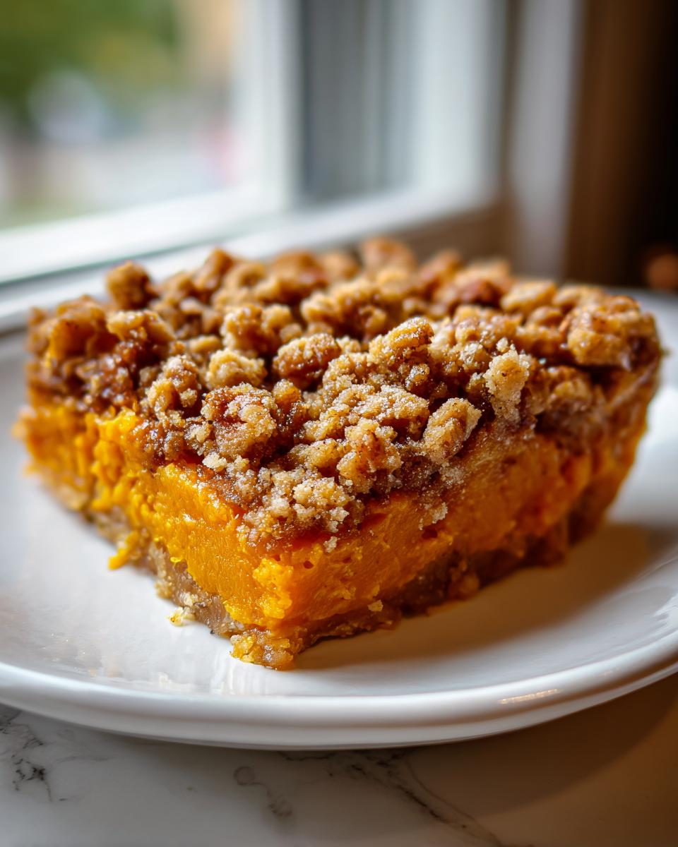 Close-up of a square serving of southern sweet potato casserole topped with a thick, sugary pecan crumble.