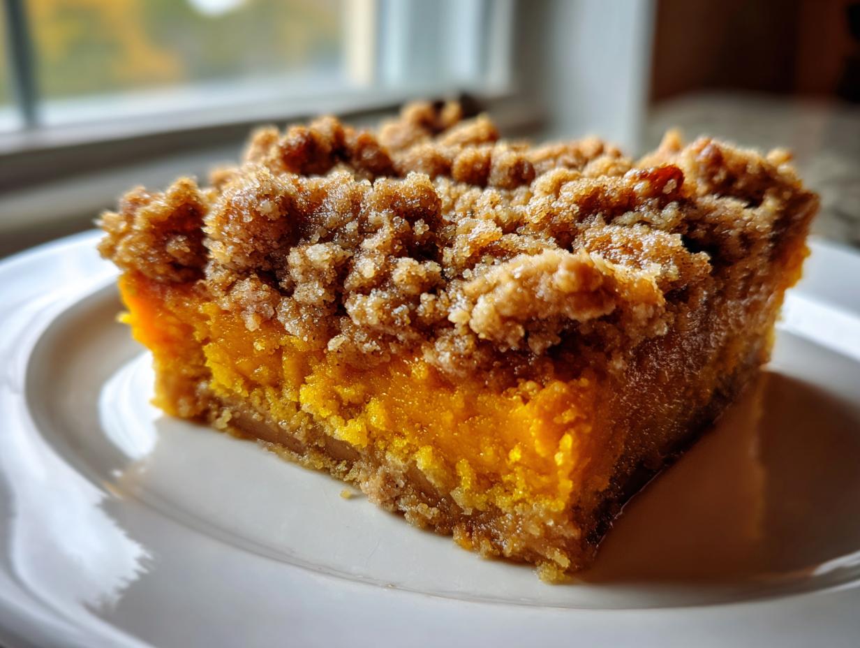 Close-up of a square slice of southern sweet potato casserole featuring a bright orange filling and a thick, brown sugar pecan crumble topping.