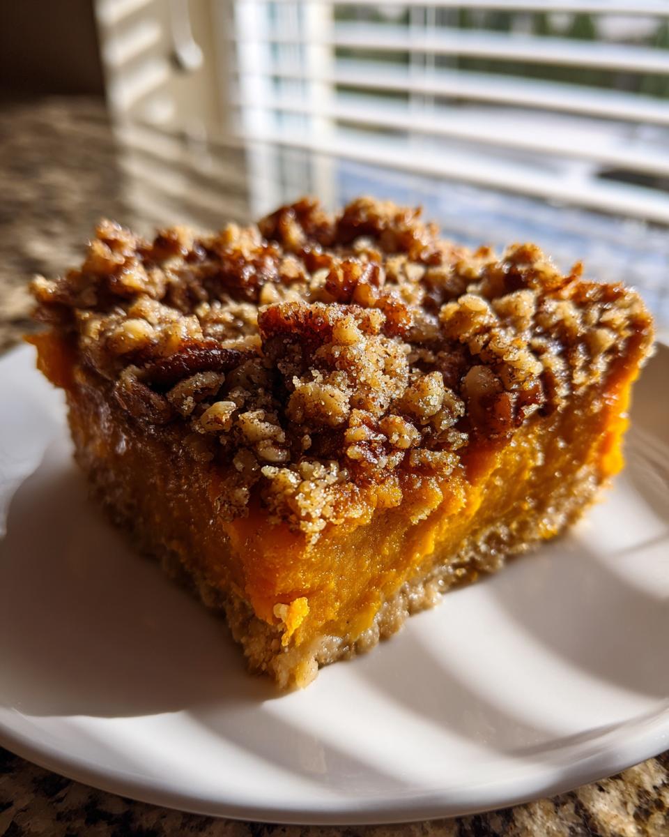 Close-up of a square slice of rich orange southern sweet potato casserole topped with crunchy pecans.