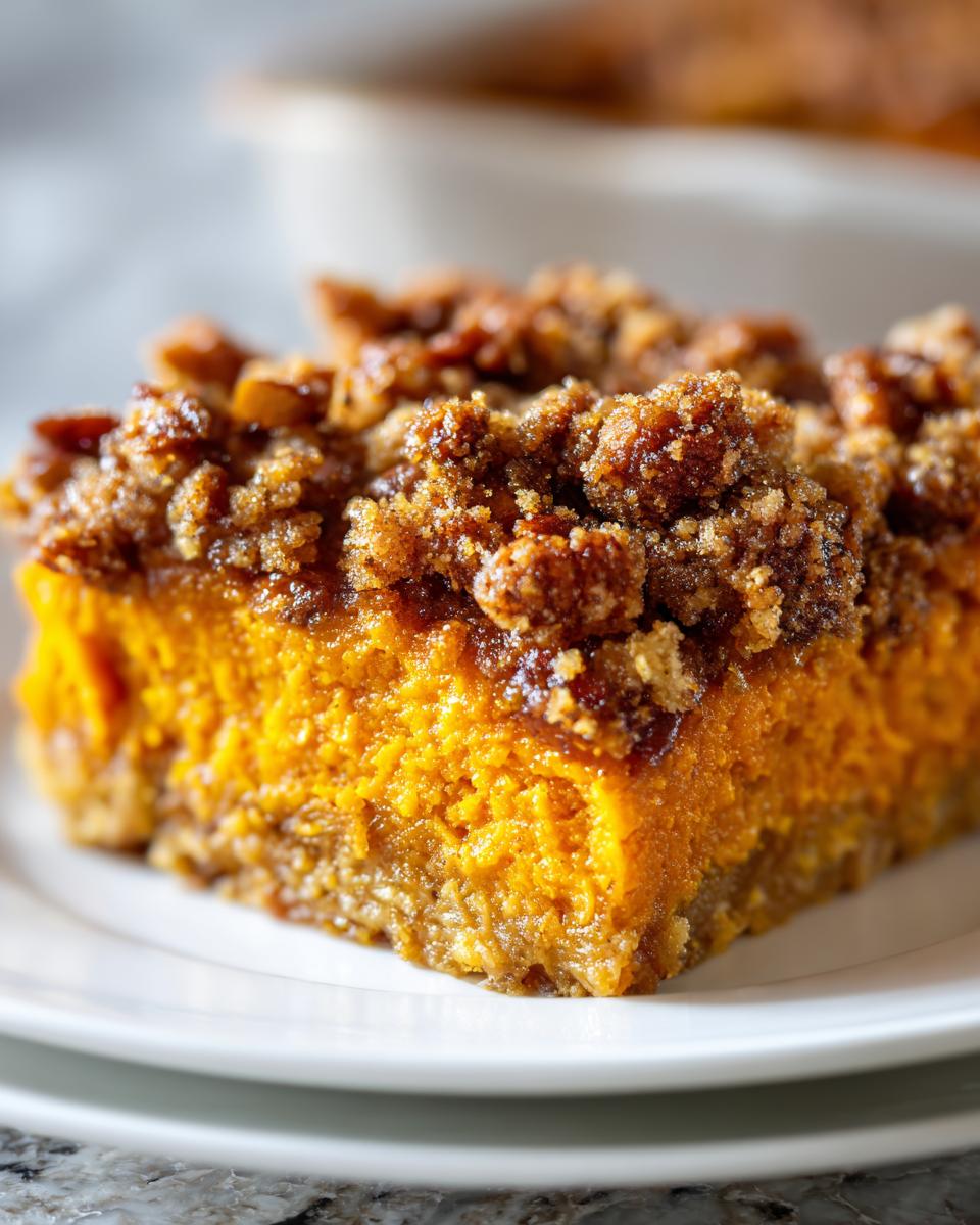 Close-up of a rich, orange slice of southern sweet potato casserole topped with a brown sugar pecan crumble.