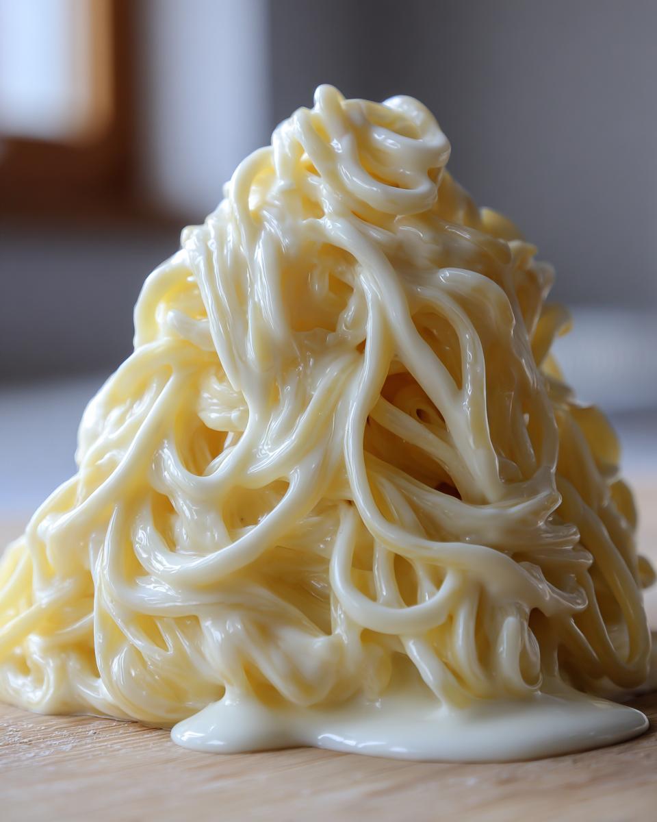 Close-up of spaghetti noodles heavily coated in rich, creamy homemade alfredo sauce, piled high on a wooden surface.