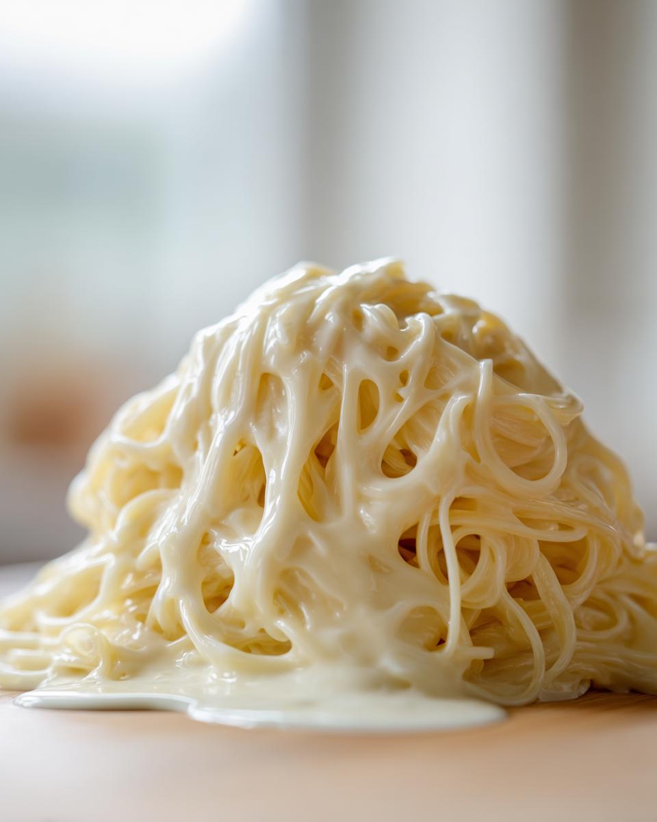 Close-up of spaghetti noodles generously coated in thick, creamy homemade alfredo sauce.