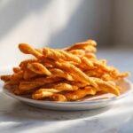 A close-up, appetizing photo of a mound of golden, twisted spicy cheese straws dusted with seasoning on a small white plate.