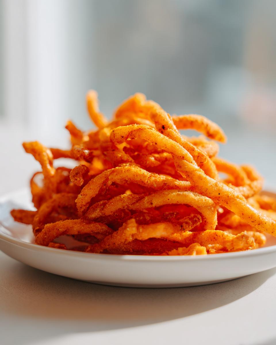 A close-up of a pile of golden, curly, and spicy cheese straws seasoned with paprika on a white plate.