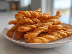 A close-up of a mound of golden, twisted, spicy cheese straws dusted with seasoning, served on a white plate.