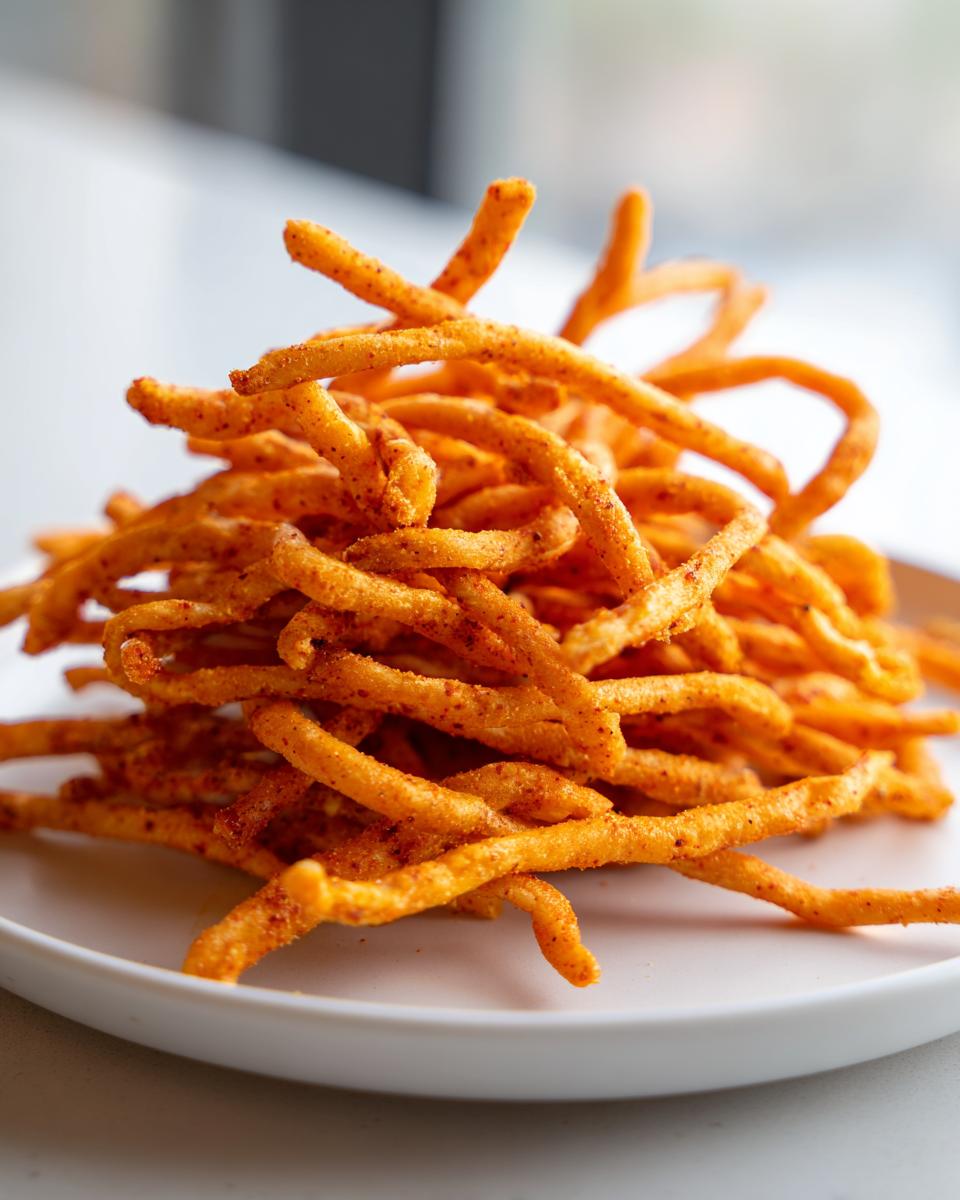 A close-up shot of a mound of golden, crispy, spicy cheese straws dusted with red seasoning on a white plate.