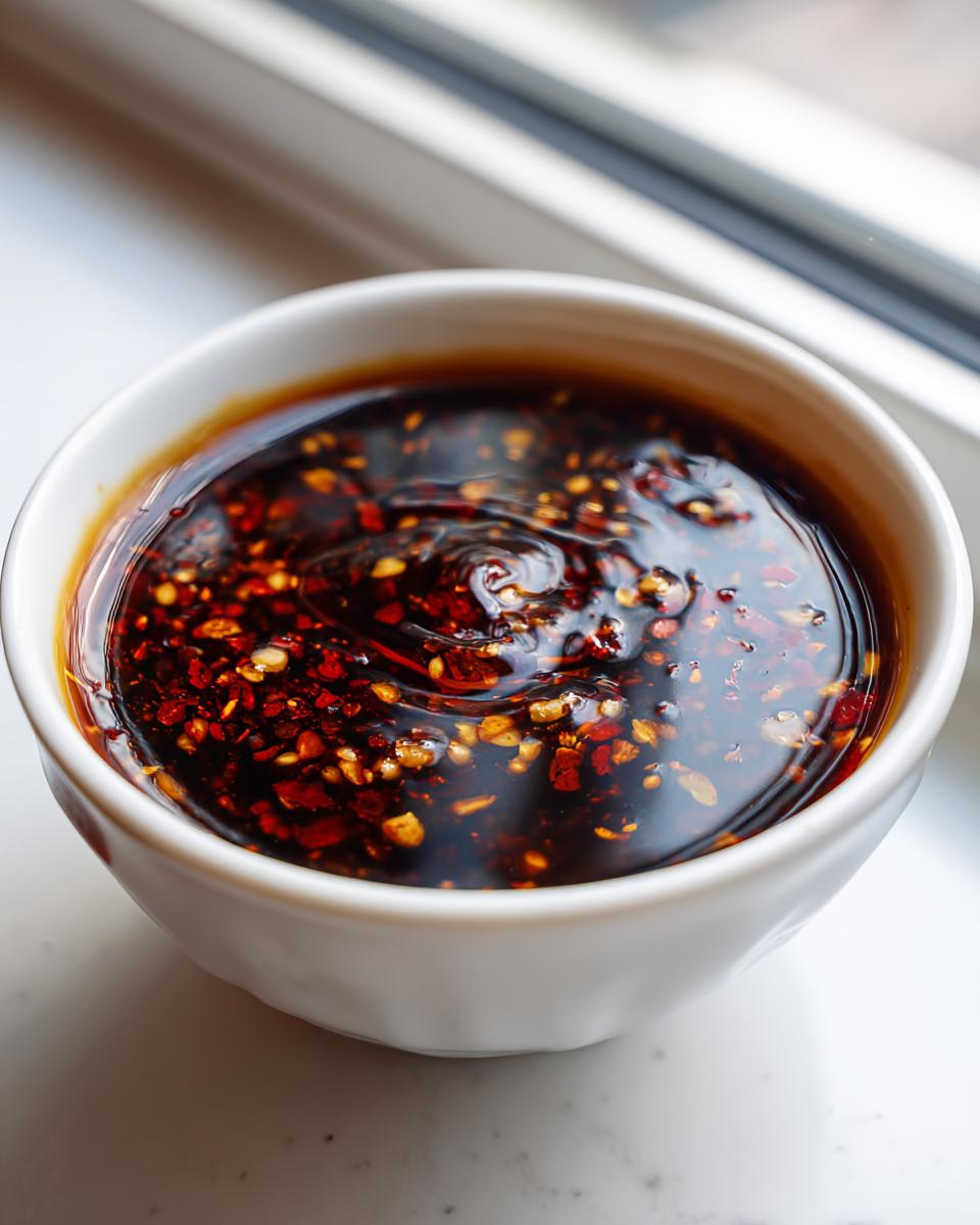 Close-up of a small white bowl filled with rich, dark Dumpling Sauce featuring visible chili flakes and seeds.