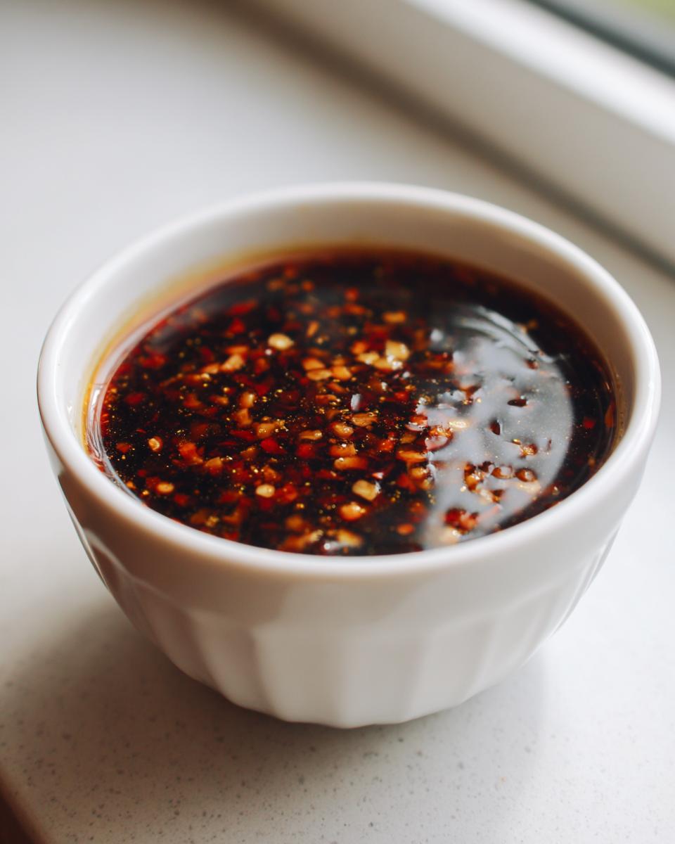 Close-up of a rich, dark Dumpling Sauce topped with visible chili flakes and seeds in a small white bowl.