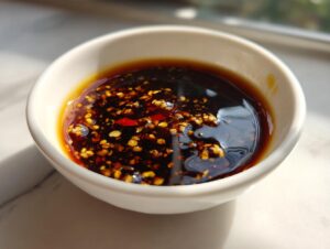 Close-up of a small white bowl filled with dark, savory Dumpling Sauce topped with chili flakes and seeds.