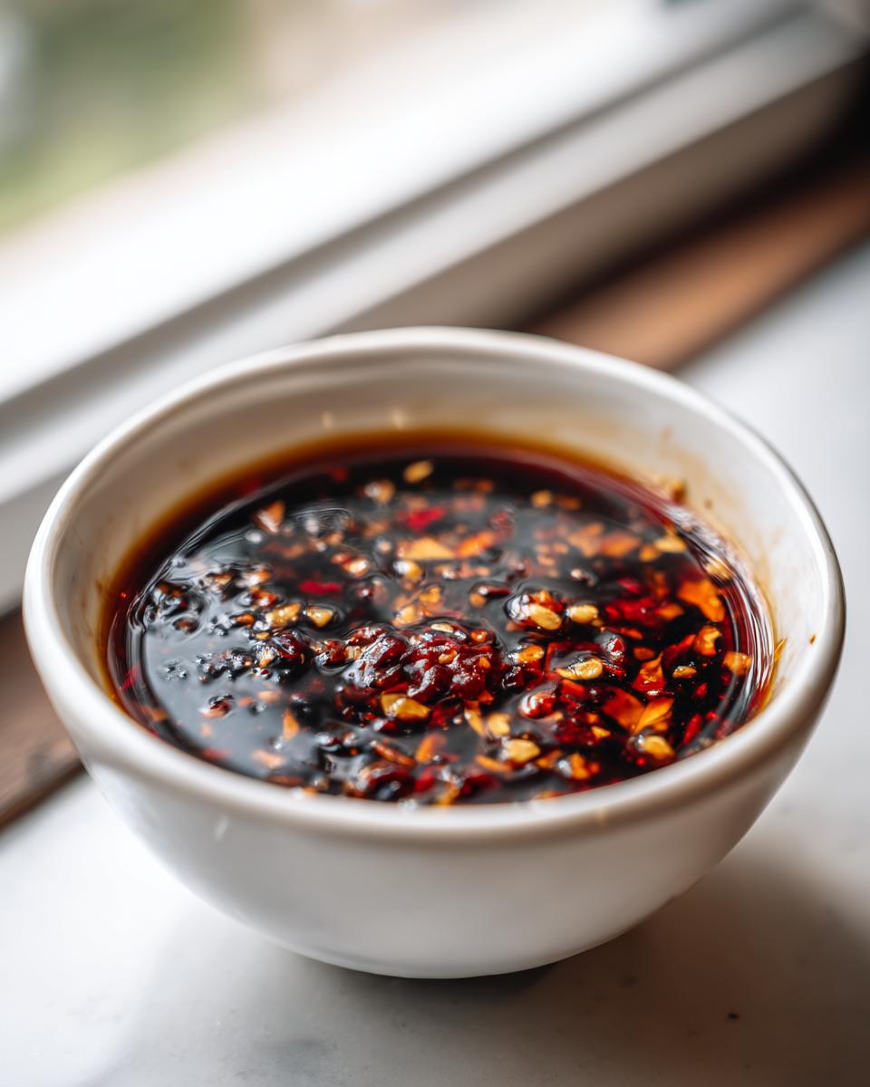 Close-up of a small white bowl filled with dark, rich Dumpling Sauce featuring visible chili flakes and seeds.