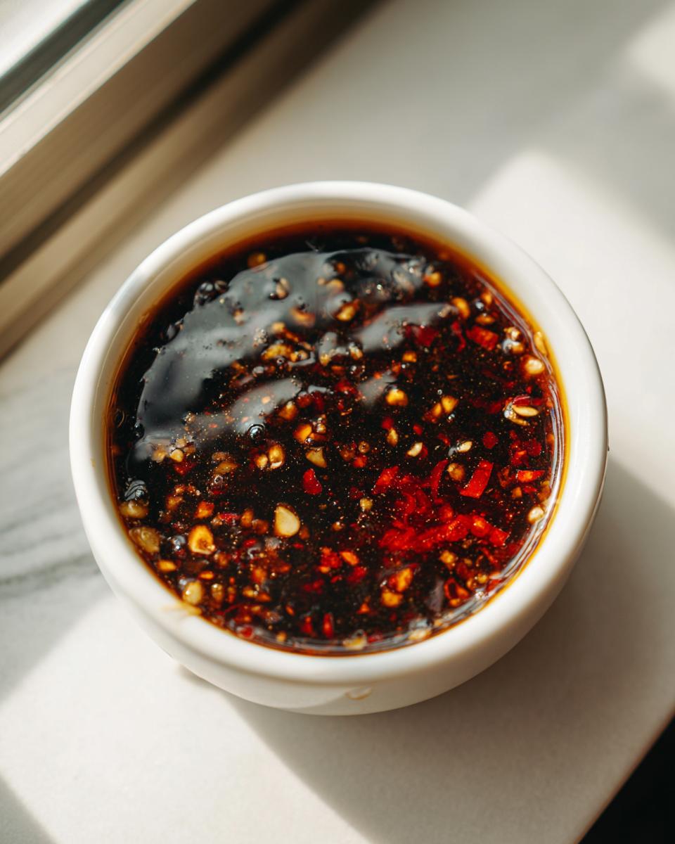 Close-up of a rich, dark Dumpling Sauce filled with chili flakes and garlic bits in a small white bowl.