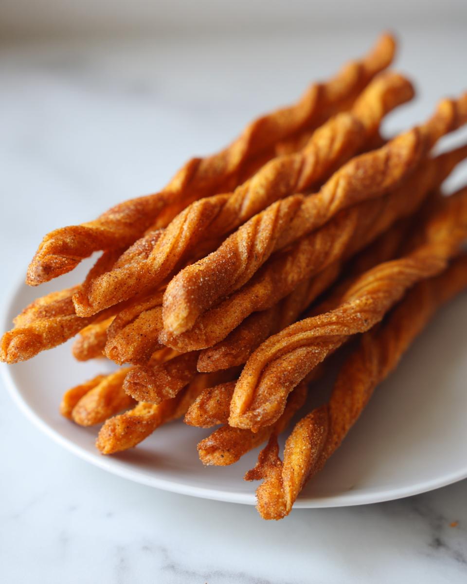 A close-up of several spicy, twisted cheese straws piled on a small white plate, coated in seasoning.
