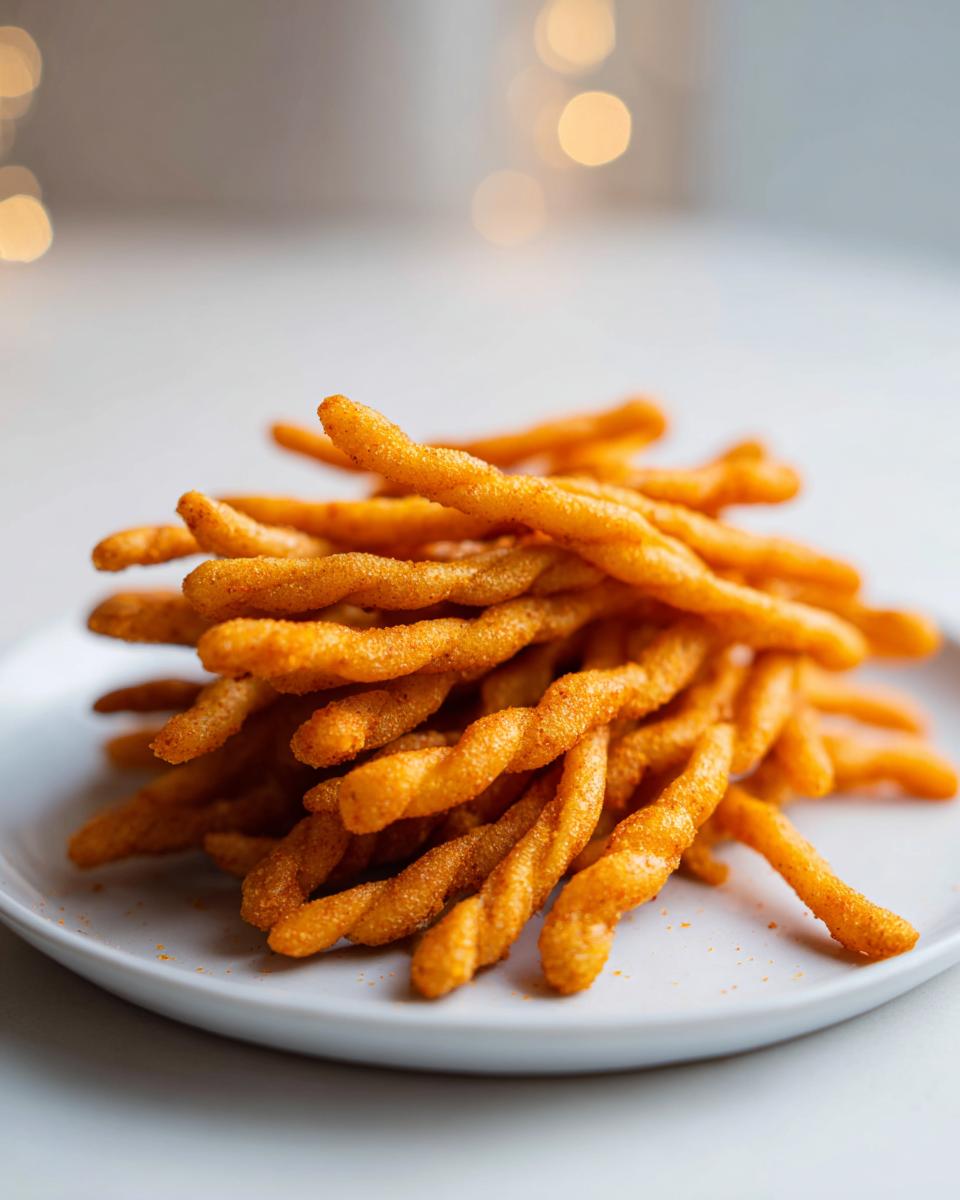 A close-up of a mound of golden, twisted, spicy cheese straws seasoned with paprika, sitting on a white plate.