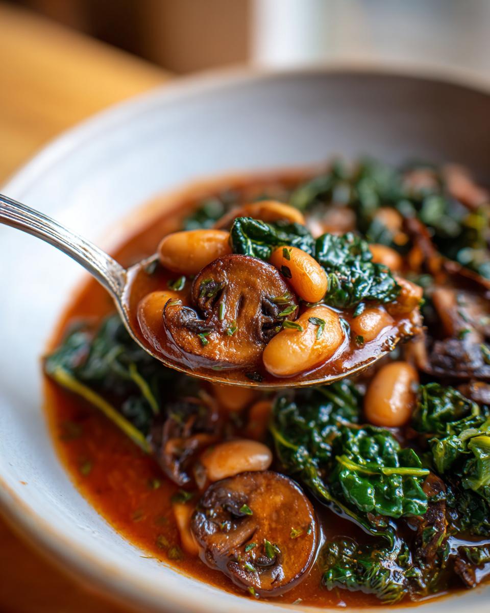 Close-up of a spoonful lifted from a bowl of white bean mushroom stew, showing beans, sliced mushrooms, and kale.