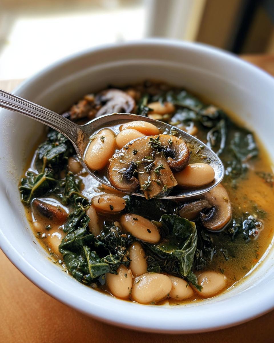 A spoonful lifted from a bowl showing white bean mushroom stew with sliced mushrooms, white beans, and dark green kale.