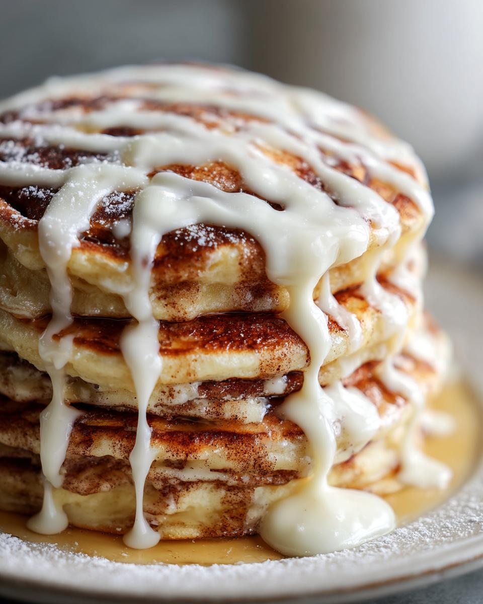 Close-up of a tall stack of cinnamon roll pancakes drizzled generously with thick white icing.