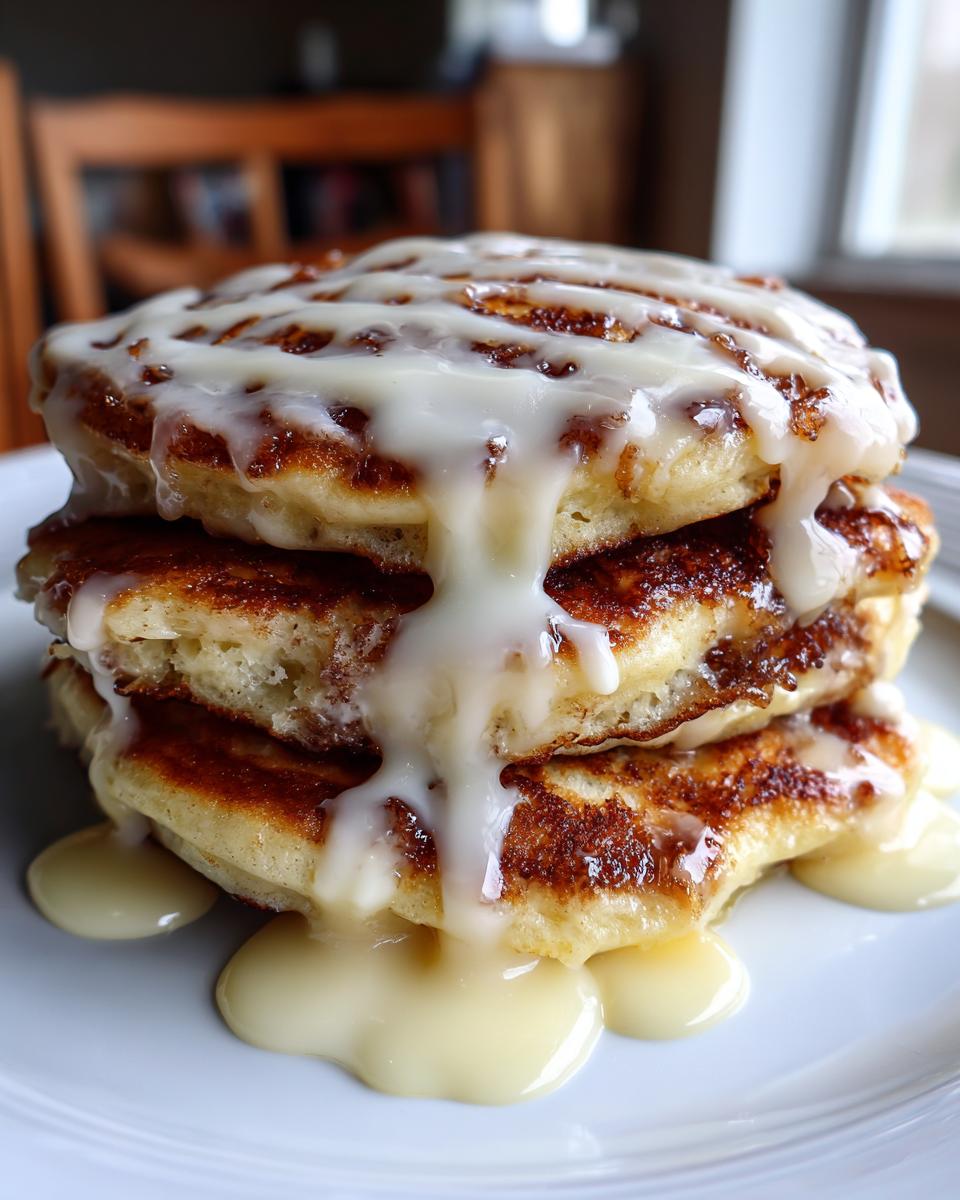 A tall stack of three golden-brown cinnamon roll pancakes generously drizzled with thick white icing.