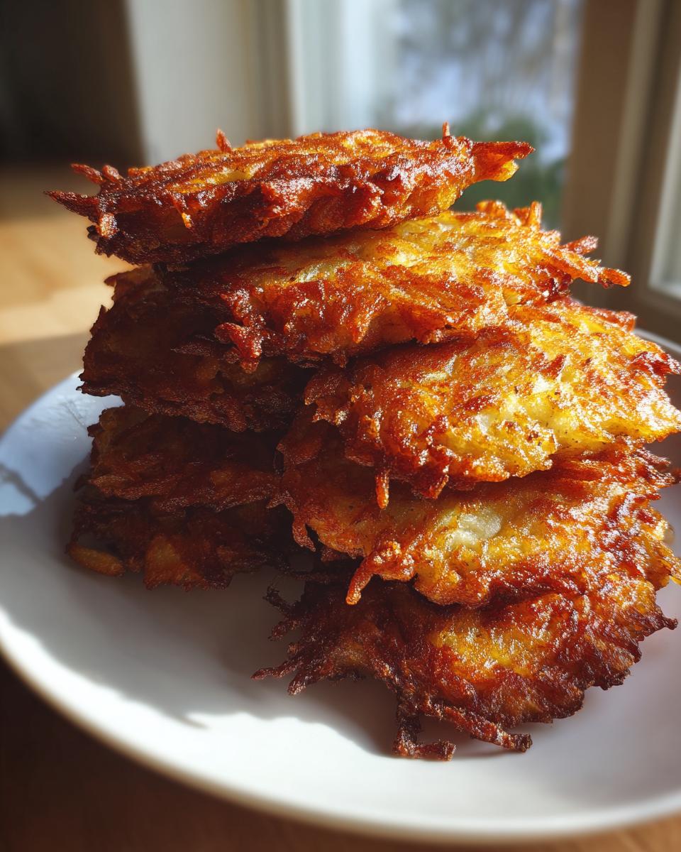 A tall stack of perfectly golden brown and crispy potato latkes piled high on a white plate.