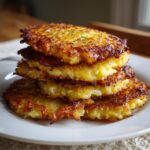 A tall stack of five golden-brown, crispy Potato latkes served on a white plate.