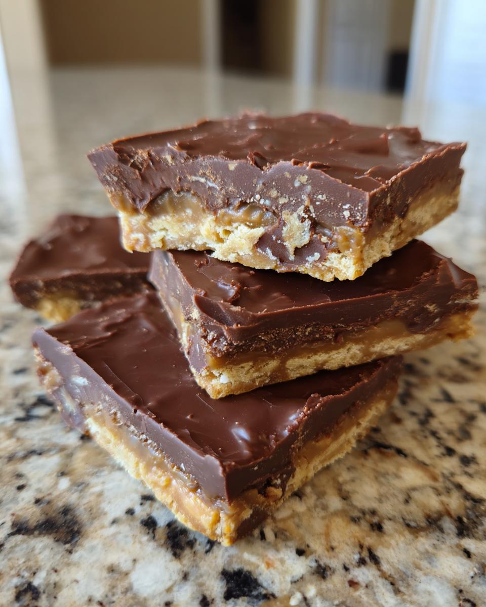 A stack of three rich saltine cracker toffee bars showing the chocolate top, caramel layer, and cracker base.