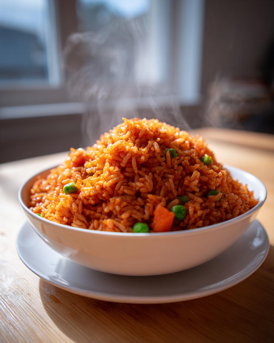 A steaming white bowl filled high with bright orange Spanish rice mixed with peas and carrots, sitting on a wooden surface.