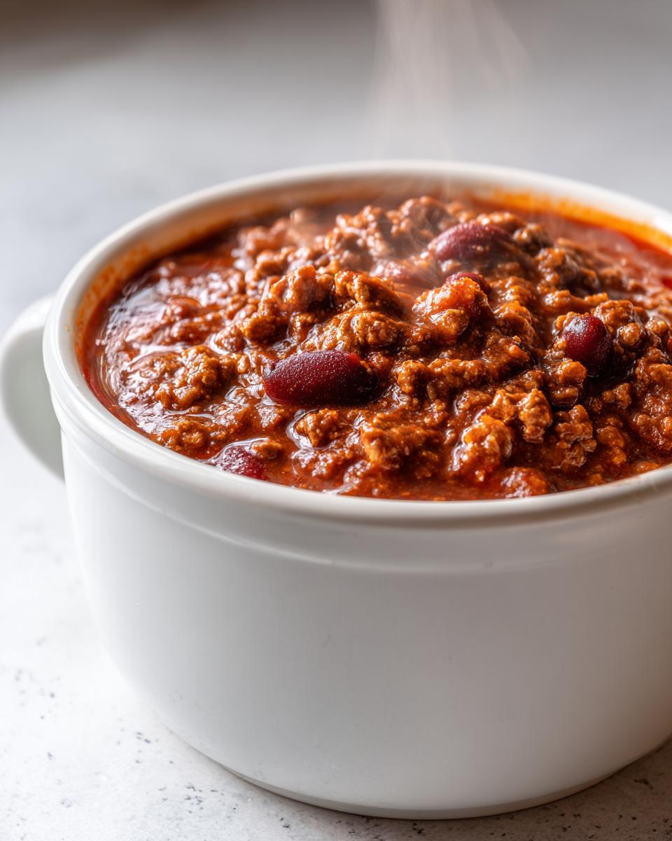 Close-up of a steaming white bowl filled with rich, hearty crockpot chili featuring ground meat and kidney beans.