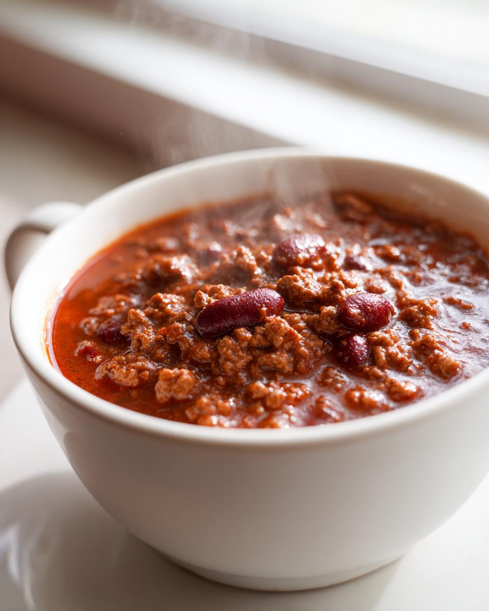Close-up of a steaming white bowl filled with rich, meaty crockpot chili topped with kidney beans.