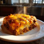 A steaming hot, thick slice of Dorito Casserole topped with melted cheddar cheese on a white plate.