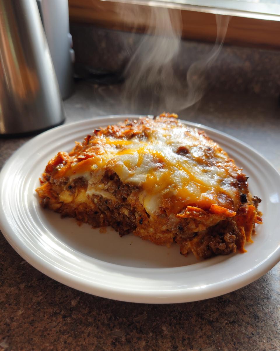 A hot, steaming slice of Dorito Casserole topped with melted cheddar and Monterey Jack cheese on a white plate.
