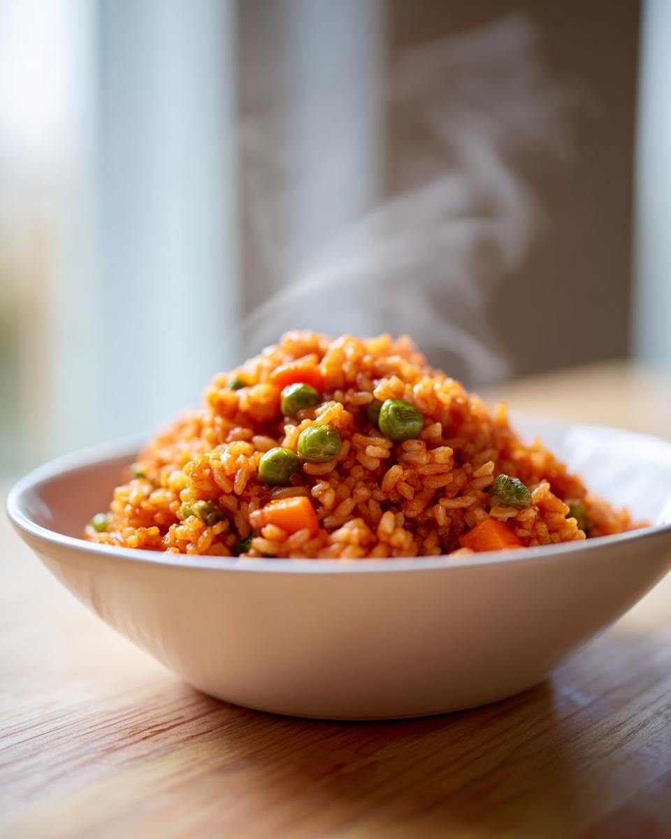 A close-up of a steaming white bowl filled with bright orange spanish rice mixed with green peas and diced carrots.